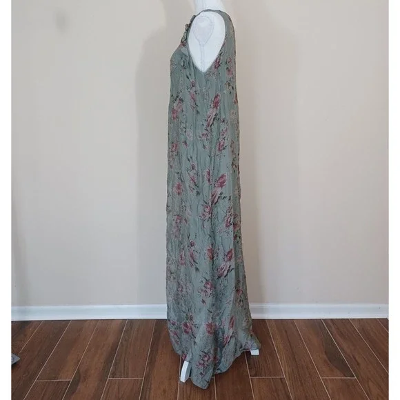 Cobblestone Living Sage Green Floral Tank Maxi Dress Rayon Silk Women US OS - Picture 6 of 8